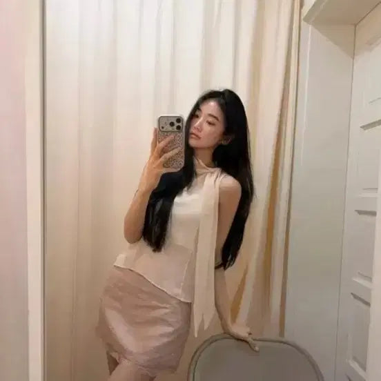 [BUNJANG] Seer Lotion Tie Blouse and Rose Pouch Set / 씨어 Seer lotion tie blouse 파우더 로즈 스커트 세트 + 로즈 파우치