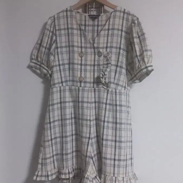 [BUNJANG] Check Pattern Ruffle Detail Jumpsuit / 체크 귀여운 점프슈트 프리 새상품