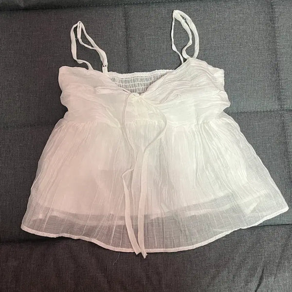 [BUNJANG] White Shirring Strap Crop Top / 화이트 셔링 끈 나시