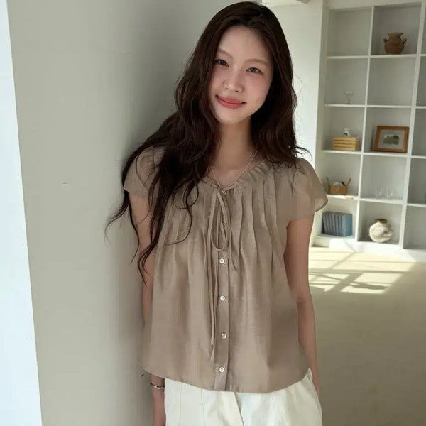 [BUNJANG] Auro Chiffon Tie Blouse - Beige / 아우로 쉬폰 타이 블라우스 - 베이지 M사이즈