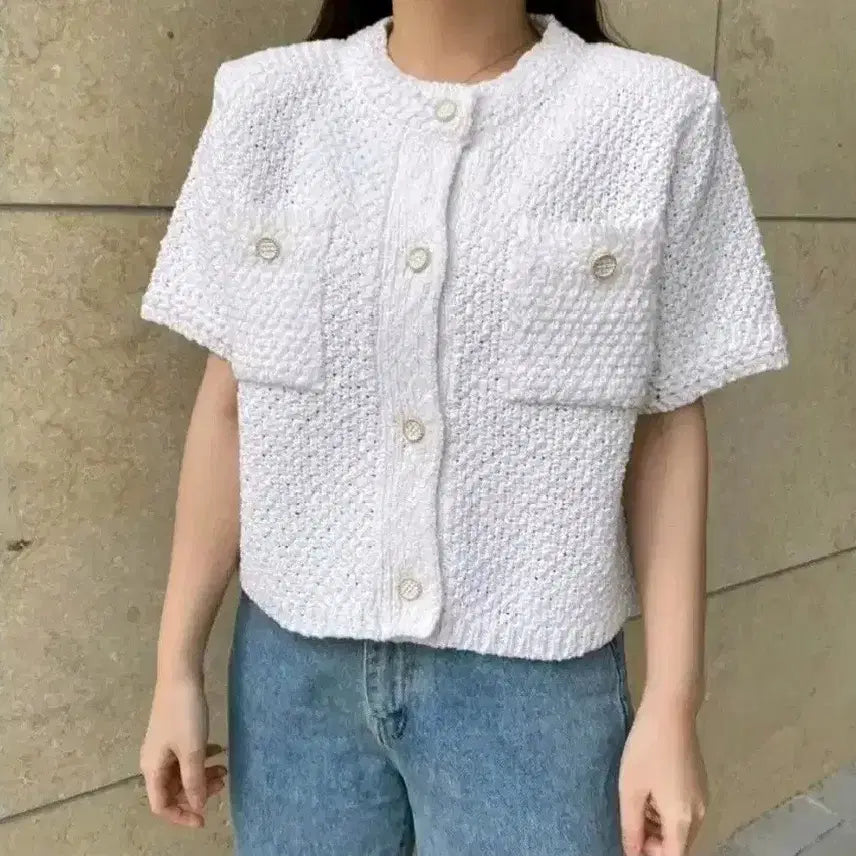 [BUNJANG] White Knit Short Sleeve Cardigan Jacket / 니트 반팔 가디건 자켓 - 화이트