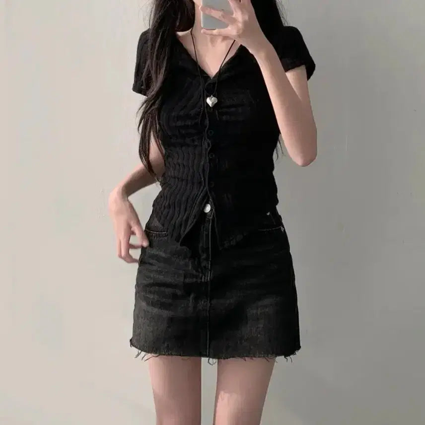 [BUNJANG] Ribbed Collar Shirring Short Sleeve Knit Cardigan / 골지 카라 셔링 반팔 니트 가디건