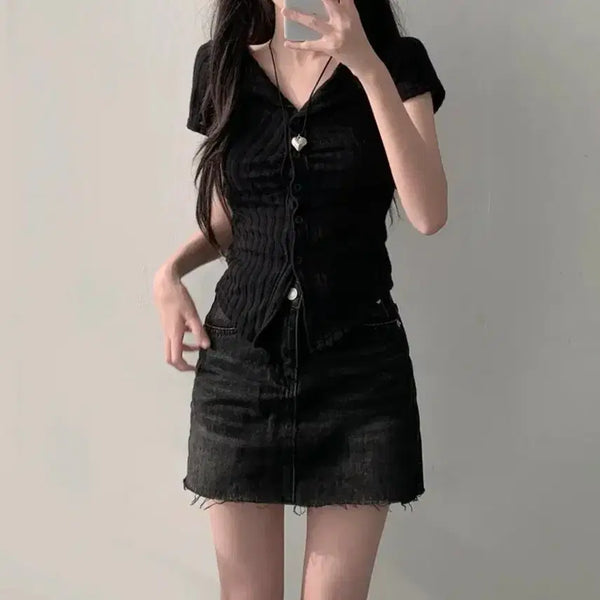 [BUNJANG] Ribbed Collar Shirring Short Sleeve Knit Cardigan / 골지 카라 셔링 반팔 니트 가디건