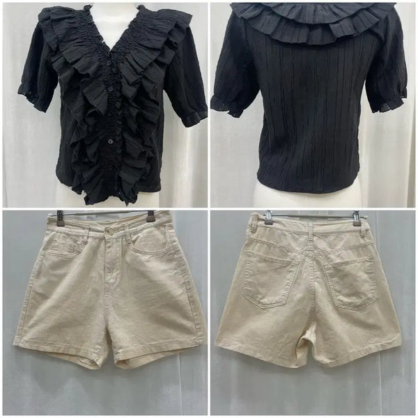 [BUNJANG] Black Frill Blouse and Beige Shorts Set / 블랙 프릴 블라우스 베이지 반바지