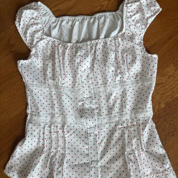 [BUNJANG] Red Dot Cap Sleeve Lace Blouse - White / 빨강 도트 캡소매 나시 레이스 블라우스 화이트