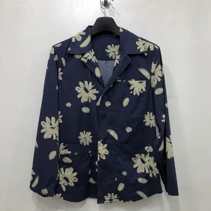 [BUNJANG] Floral Print Short Sleeve Shirt Top - Navy / 반팔 셔츠 잠옷 상의 M