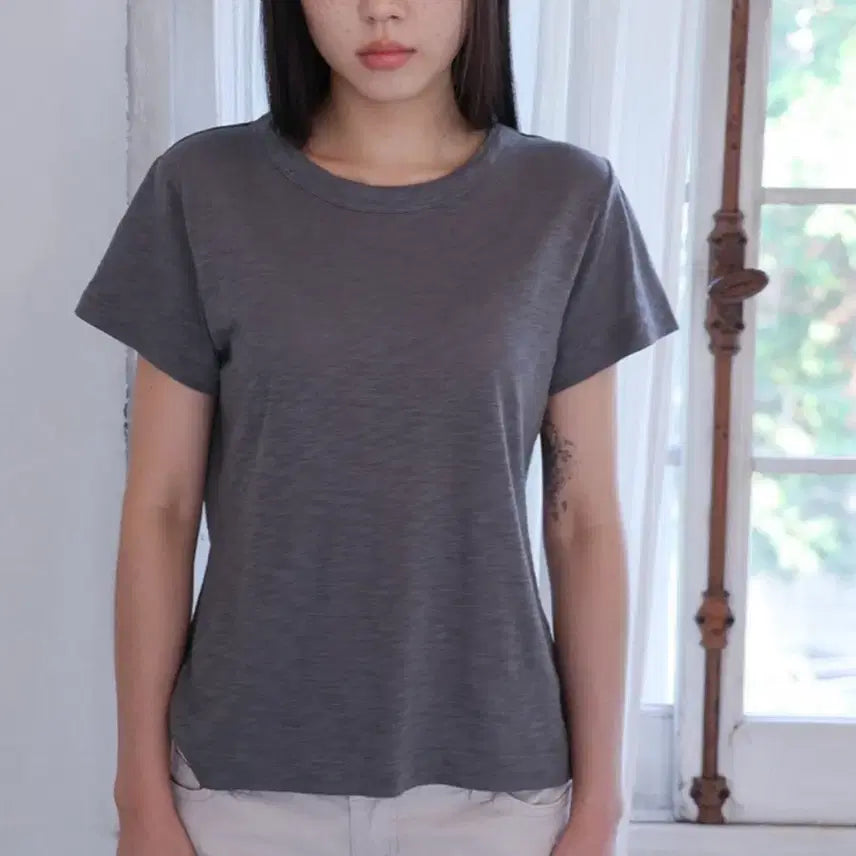 [BUNJANG] Sette Sharp Basic Round Neck Short Sleeve T-Shirt - Grey / Sette sharp 기본 라운드넥 반팔 티셔츠 그레이