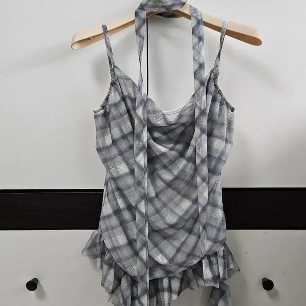 [BUNJANG] Grey Check Frill Scarf Sleeveless Set / 그레이 체크 프릴 머플러 나시 세트 (새옷)