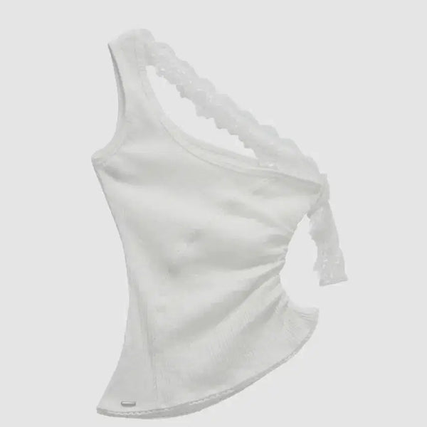 [BUNJANG] ETOEOME Lace One-Shoulder Shirring Top White / 에트오소메 Lace One-Shoulder Shirring Top