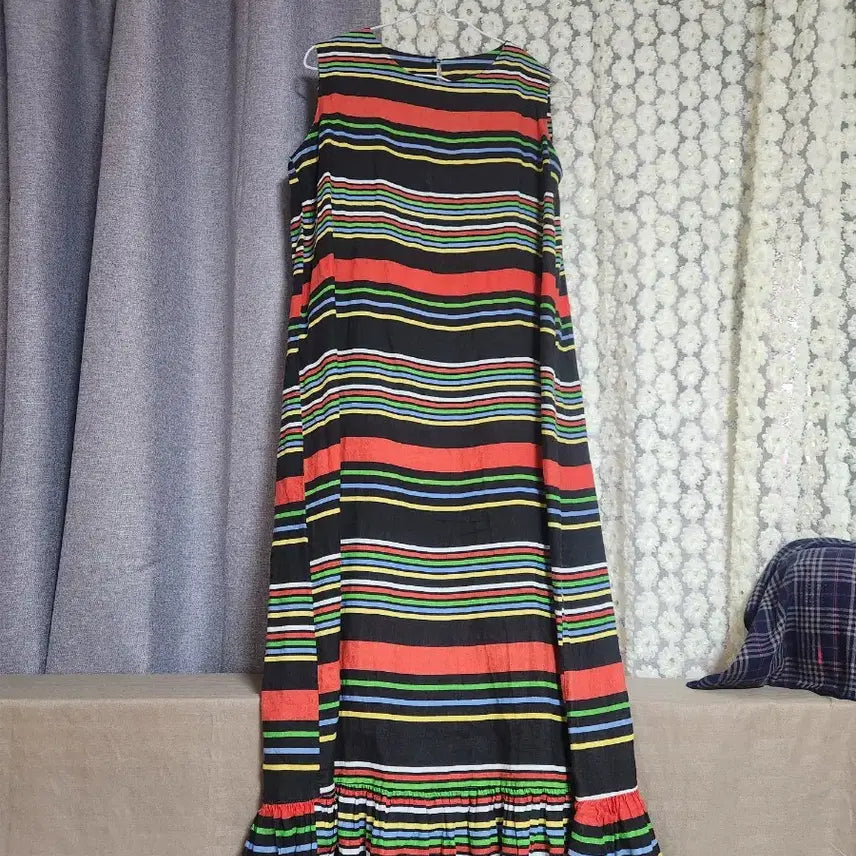 [BUNJANG] Linen Long Jacket & Stripe Dress Set / 흰색 롱 자켓 스트라이프 원피스 세트