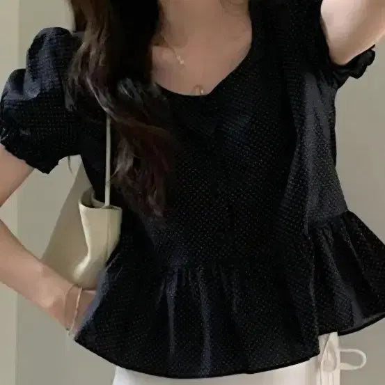 [BUNJANG] PrettyYoungThing Merry Dot Black Blouse One Size / 프리티영띵 메리 도트 블랙 블라우스 프리사이즈