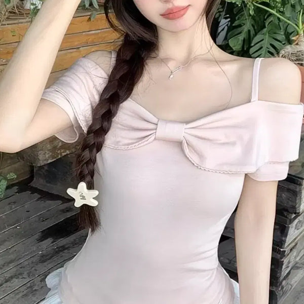 [BUNJANG] Women's Off-Shoulder Ribbon Blouse - Pink / 여성 나시 오프숄더 리본 블라우스 핑크