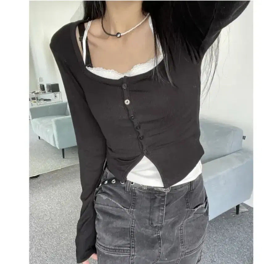 [BUNJANG] Square Slit Cardigan Black / 에이블리 스퀘어 트임 가디건 블랙
