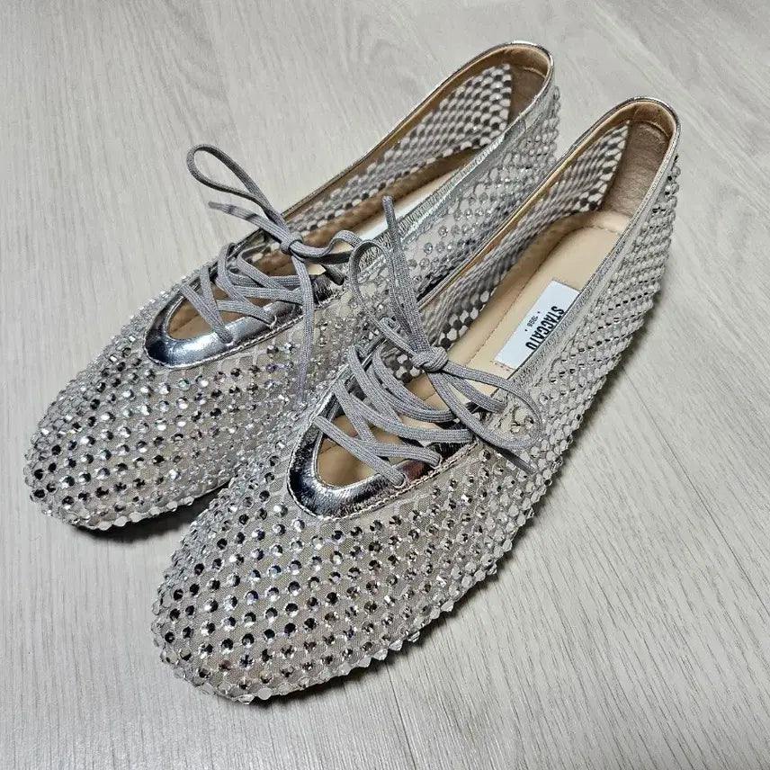 [BUNJANG] STACCATO Silver Cubic Mesh Mary Jane Flat Shoes / [새제품] 실버 큐빅 메쉬 메리제인 플랫 슈즈