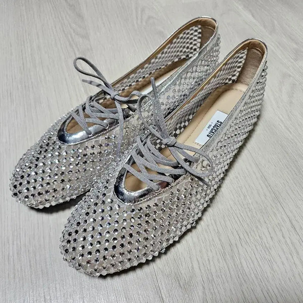 [BUNJANG] STACCATO Silver Cubic Mesh Mary Jane Flat Shoes / [새제품] 실버 큐빅 메쉬 메리제인 플랫 슈즈