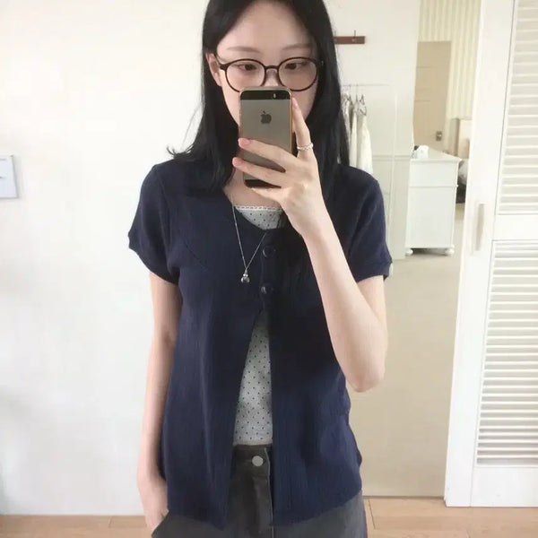 [BUNJANG] Navy Open Button Cutout Layered Short-Sleeve Cardigan / 오픈 버튼 절개 레이어드 반팔 가디건