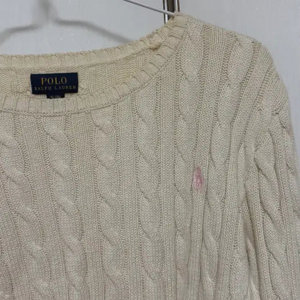 [BUNJANG] Polo Ralph Lauren Cable Knit Sweater - Ivory/Pink Logo / 폴로 니트 아이보리 핑크 로고