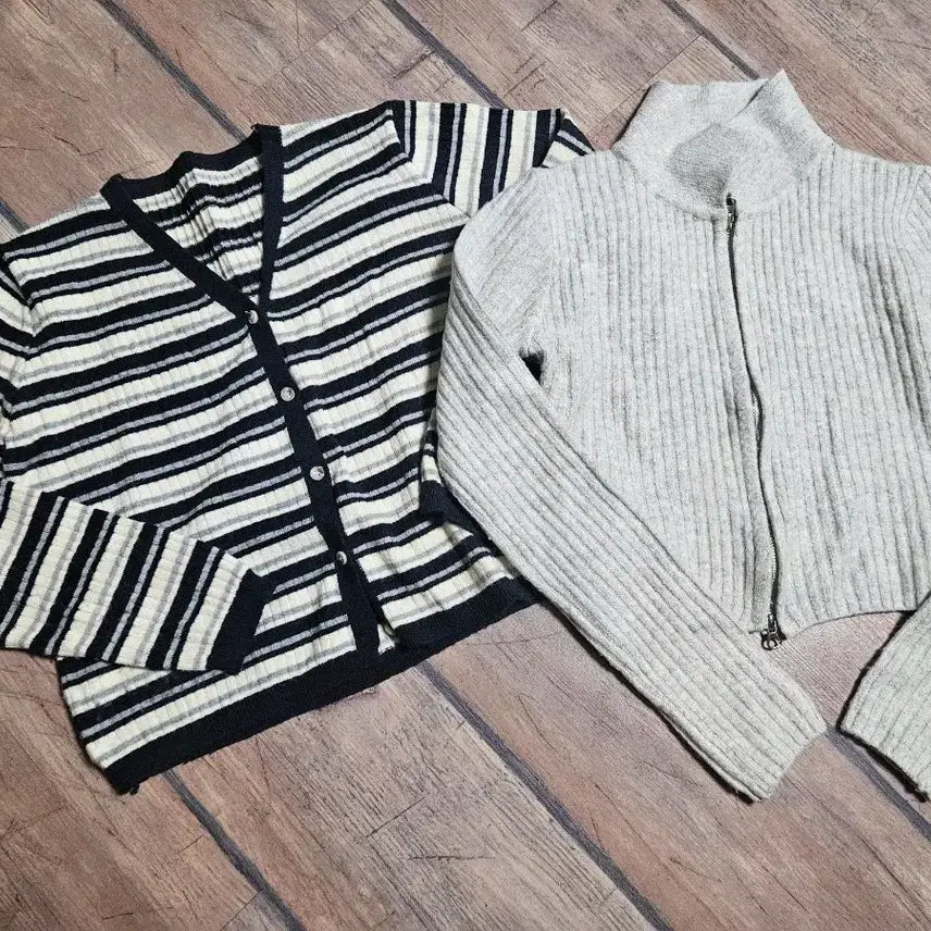 [BUNJANG] Stripe Cardigan & Zip-Up Knit Set / 스트라이프 가디건 & 집업 니트 세트
