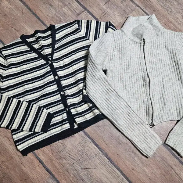 [BUNJANG] Stripe Cardigan & Zip-Up Knit Set / 스트라이프 가디건 & 집업 니트 세트