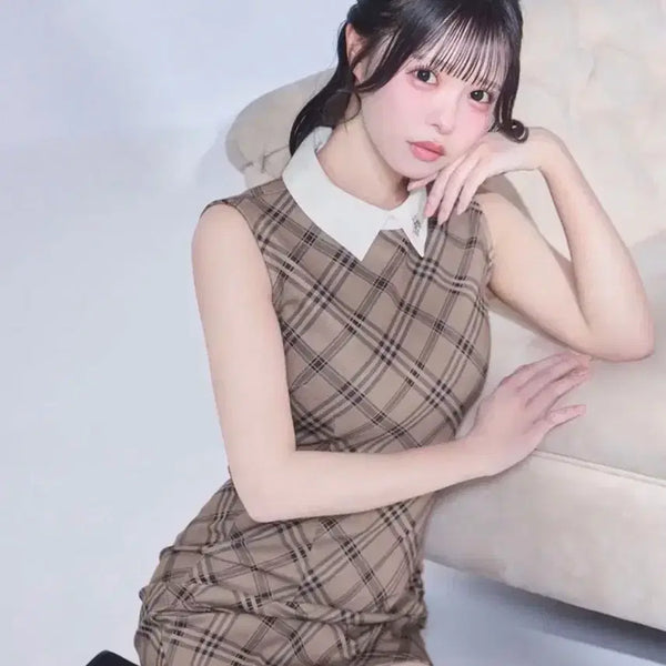 [BUNJANG] Michelle Macaron Checkered Kara Dress Beige / 미셸마카롱 카라 원피스 베이지 체크 스나계 양산형 에블린