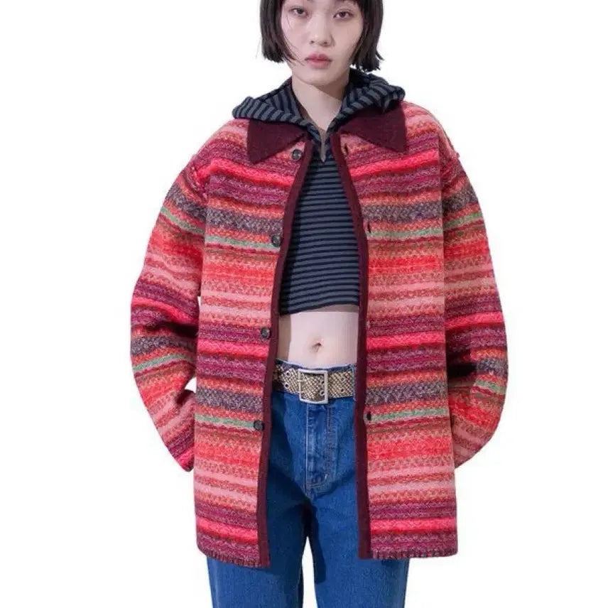 [BUNJANG] Perverze Blanket Wool Coat Red / 퍼버즈 블랭킷 보더 울코트/레드
