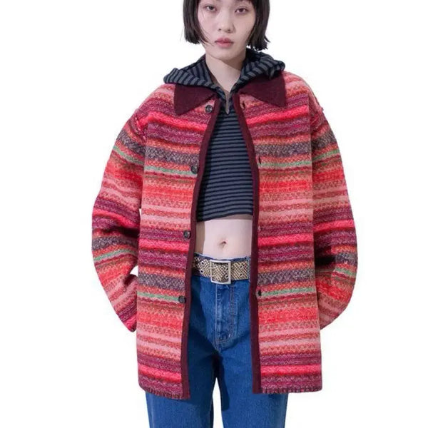 [BUNJANG] Perverze Blanket Wool Coat Red / 퍼버즈 블랭킷 보더 울코트/레드