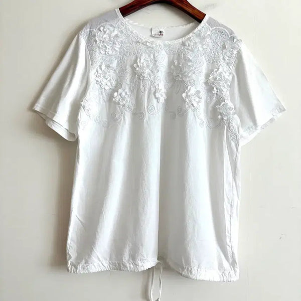 [BUNJANG] White Floral Embroidered Short Sleeve T-Shirt with Drawstring Hem / 흰색 꽃 자수 반팔 티셔츠