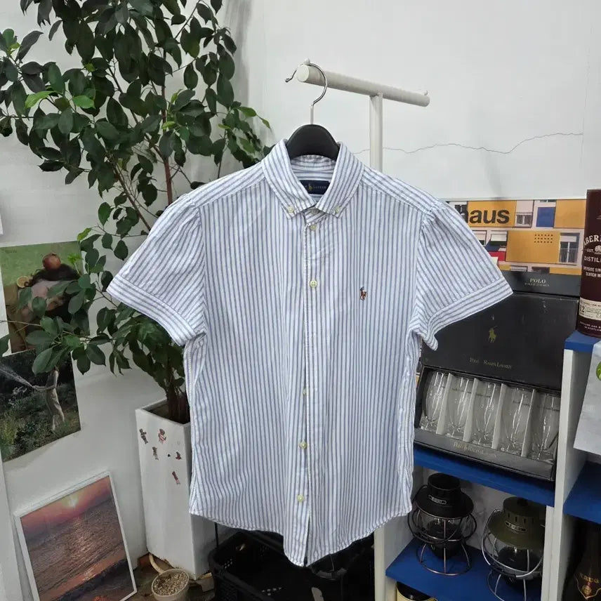 [BUNJANG] Polo Ralph Lauren Women's Striped Short-Sleeve Button-Down Shirt - Size S / 폴로랄프로렌 우먼 버튼다운 스트라이프 반팔셔츠 S