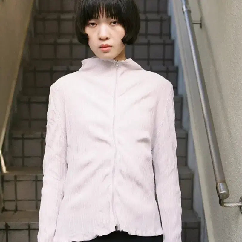 [BUNJANG] Moringa Pleated High Neck Zip-Up Warm Gray / Moringa Pleated High Neck 집업 Warm Gray