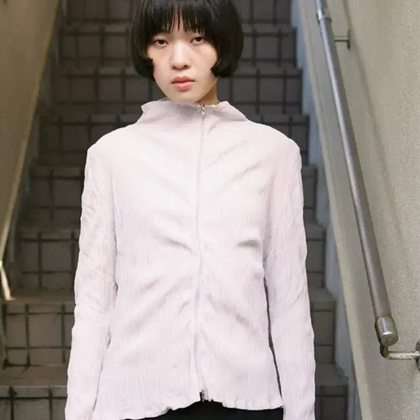 [BUNJANG] Moringa Pleated High Neck Zip-Up Warm Gray / Moringa Pleated High Neck 집업 Warm Gray