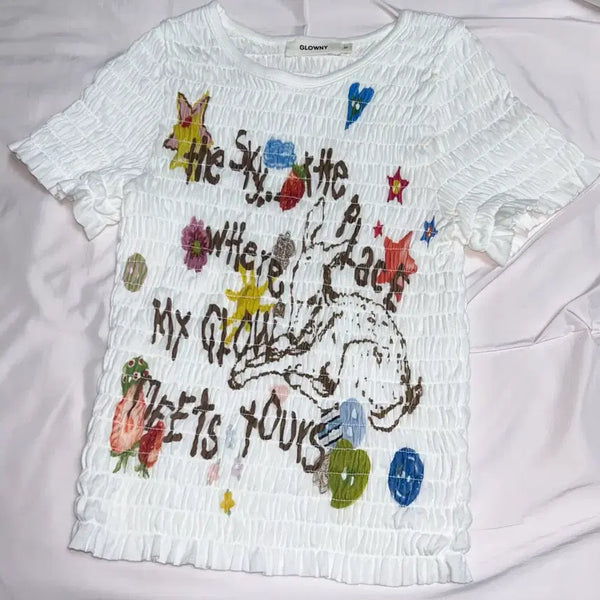 [BUNJANG] Glowny x S.H.E. G.C.D. S.M.O.K.E. White Short Sleeve T-Shirt / 글로니 x 시미헤이즈 카리부 스모크 화이트 탑 반팔 티셔츠