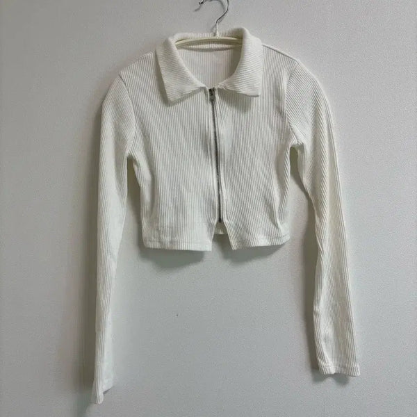 [BUNJANG] White Ribbed Zip-Up Cropped Knit / [미니포에 품절] 화이트 골지 집업 크롭 니트