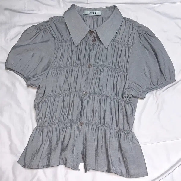 [BUNJANG] Sage Blue Smoke Shirring Blouse Short Sleeve Shirt / 세이지블루 스모크 셔링 블라우스 반팔 셔츠
