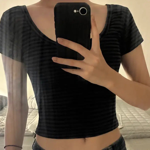 [BUNJANG] Stripe Black Crop Short Sleeve T-Shirt / 스트라이프 블랙 크롭 반팔티