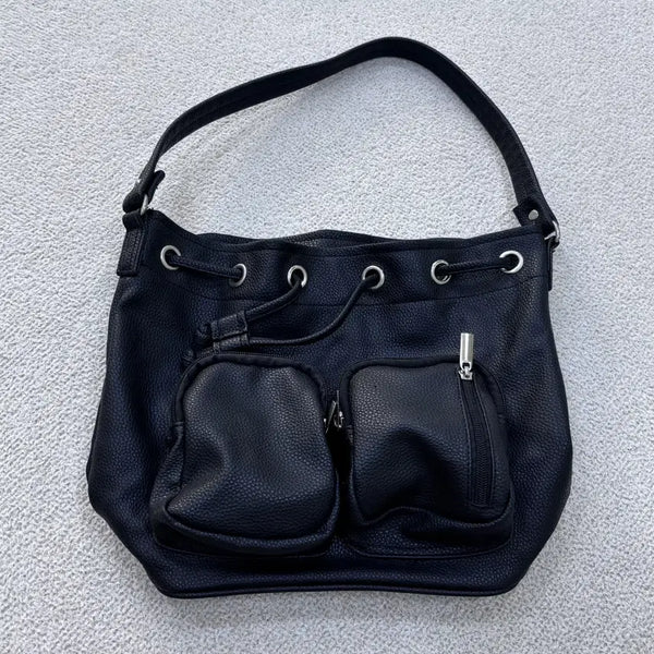 [BUNJANG] Vintage Drawstring Black Leather Bucket Shoulder Bag / F 빈티지 포켓 드로스트링 블랙 레더 복조리 숄더백 0618E