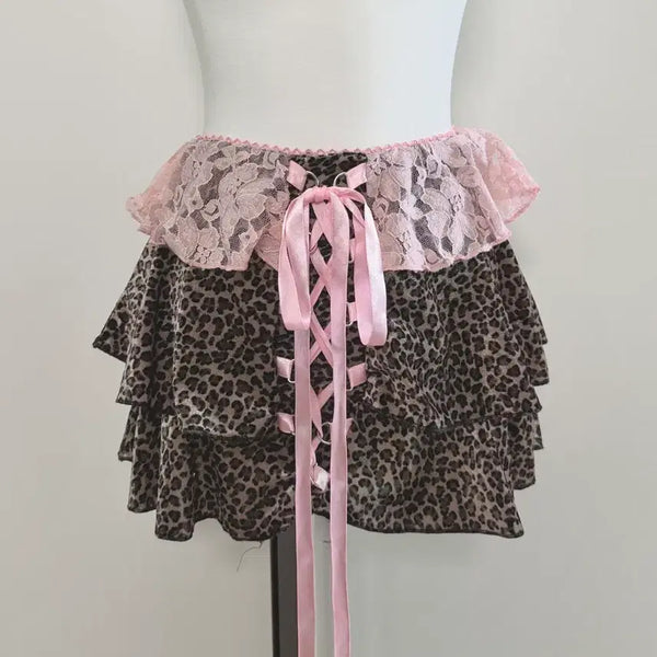 [BUNJANG] Leopard Print Eyelet Ruffle Skirt / 히메갸루 오네갸루 마즈깔 레오파드 아일렛 캉캉스커트
