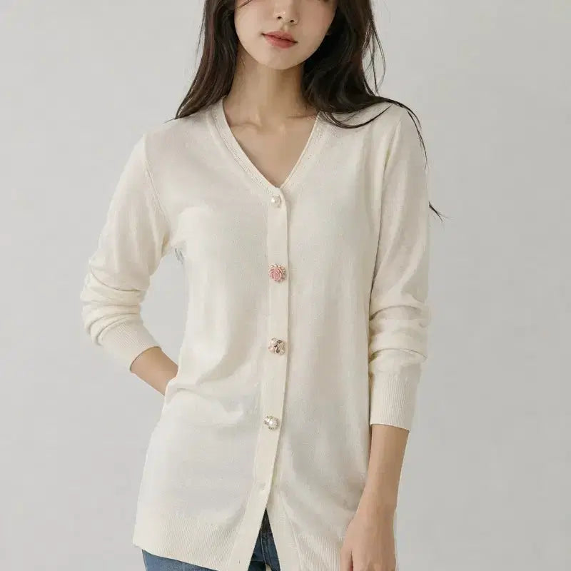 [BUNJANG] RENEEVON Ivory V-Neck Long Cardigan / 레니본 아이보리 V넥 롱 가디건 | 로맨틱 포인트 단추 85