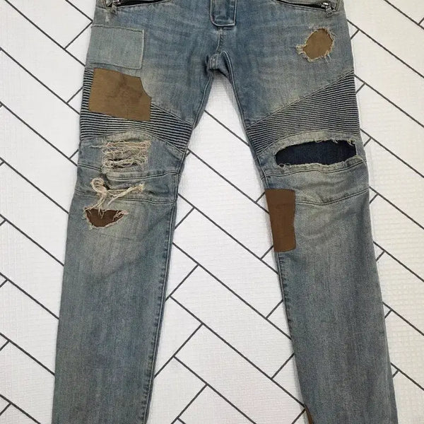 [BUNJANG] Balmain Distressed Patchwork Men's Biker Jeans - Size 31 / [정품] 발망 디스트로이드 패치워크 남성 바이크 청바지.  싸이즈 31