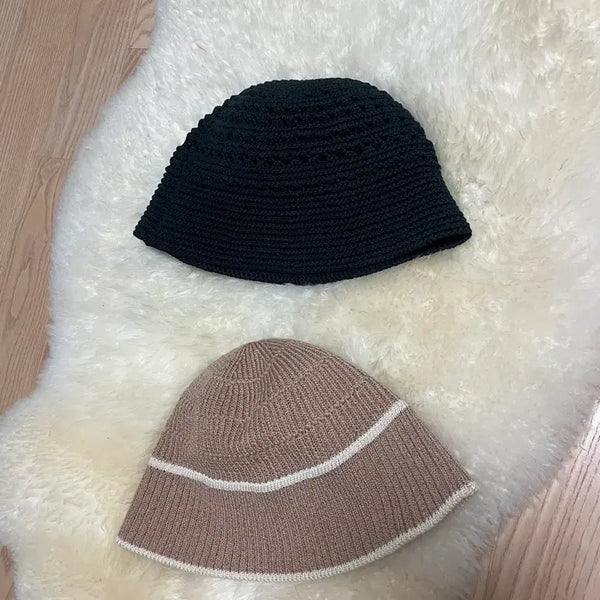 [BUNJANG] GU Knit Bucket Hat (Black) & Beige Bucket Hat (Bundle Set) / GU 니트 버킷햇 블랙+ 보세 베이지 버킷햇 2개일괄