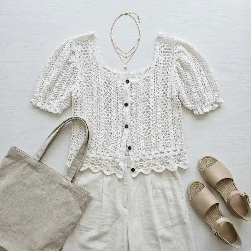 [BUNJANG] White Knit Puff Sleeve Cardigan / 화이트 니트 퍼프 소매 가디건