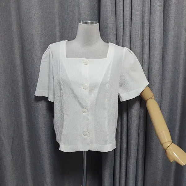 [BUNJANG] M White Seersucker Square Neck Blouse / M화이트 시어서커 스퀘어넥 블라우스