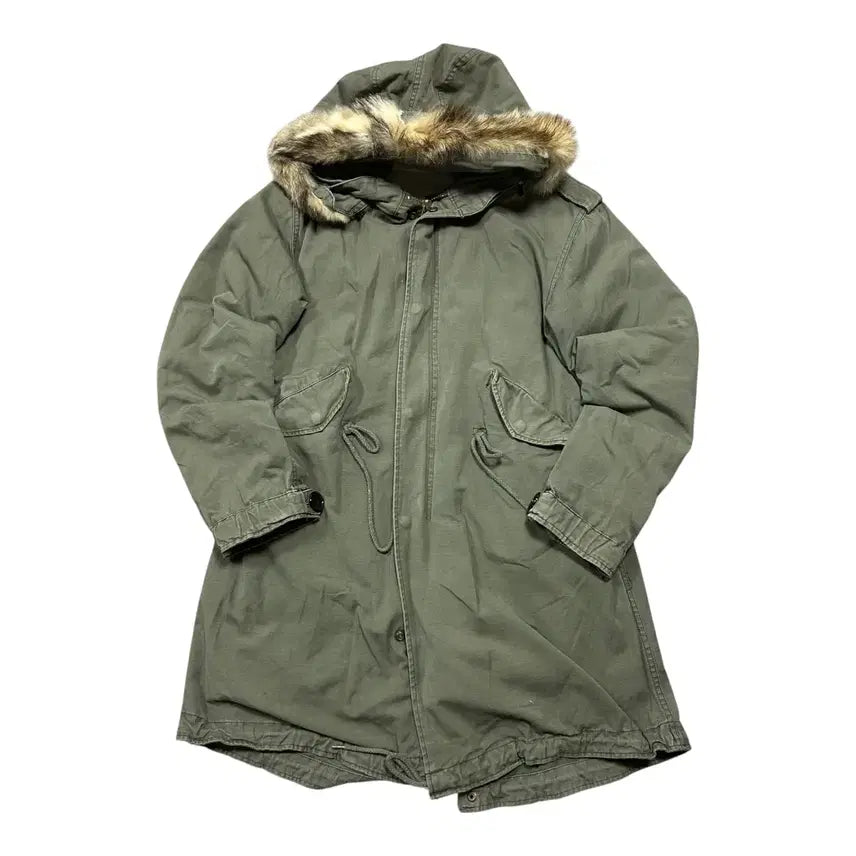 [BUNJANG] Green Fur-Lined Hooded Fishtail Parka / (바배) green 퍼 안감 후드 피쉬테일 파카 야상