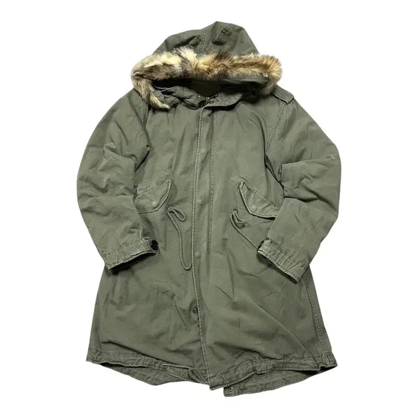 [BUNJANG] Green Fur-Lined Hooded Fishtail Parka / (바배) green 퍼 안감 후드 피쉬테일 파카 야상