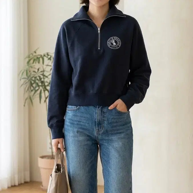 [BUNJANG] Navy Cropped Half-Zip Sweatshirt / 네이비 크롭 반집업 맨투맨