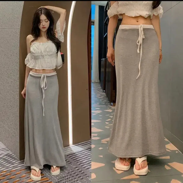[BUNJANG] Low-Rise Colorblock Training Maxi Skirt with Straps / 로우라이즈 롱스커트 배색 트레이닝 맥시 스커트 로우웨스트 스트랩 롱 치마 스판