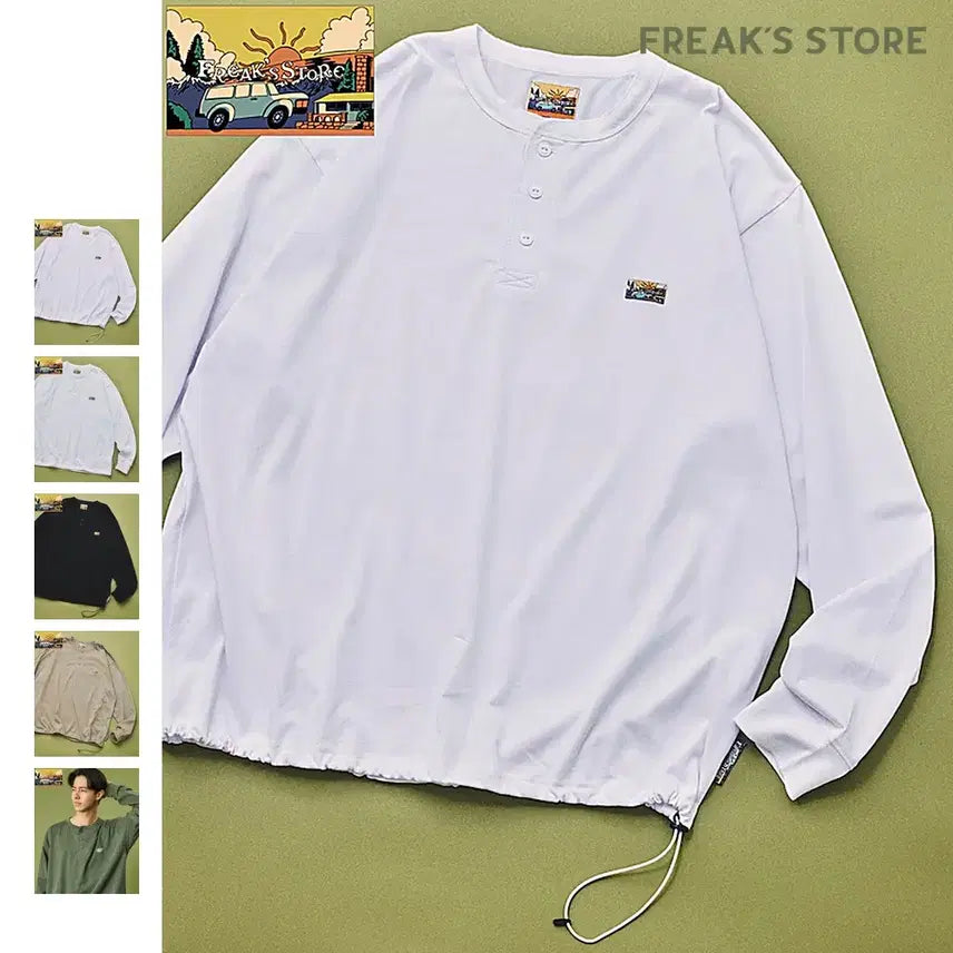 [BUNJANG] FREAK'S STORE Relaxed Fit One Point Logo Henley Neck Long Sleeve T-Shirt / 프릭스 스토어 릴랙스핏 원포인트로고 헨리넥 긴팔 티셔츠