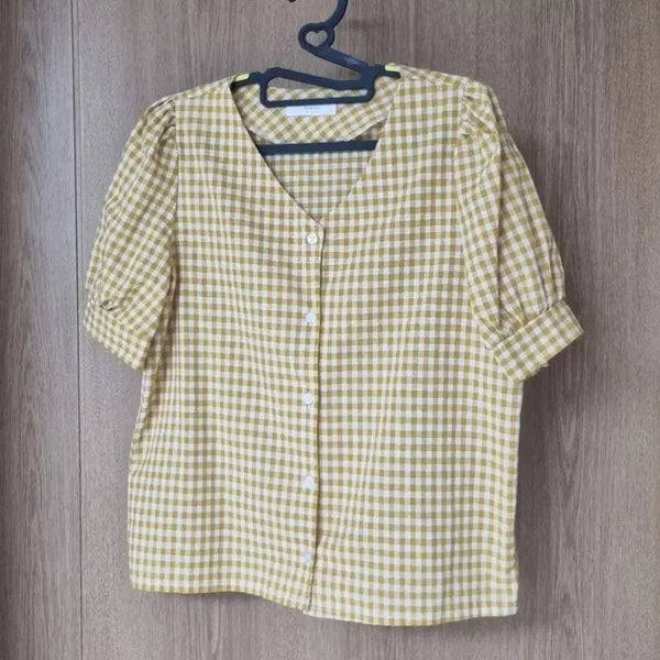 [BUNJANG] Yellow Check Puff Sleeve Blouse / 옐로우 체크 퍼프 여성 블라우스 반팔티 66