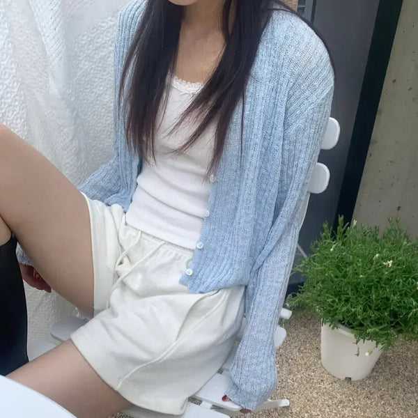 [BUNJANG] Reetkim Button Long Sleeve Knit Summer Cardigan Sky Blue / 릿킴 reetkim 버튼 긴팔 니트 여름 가디건 스카이블루