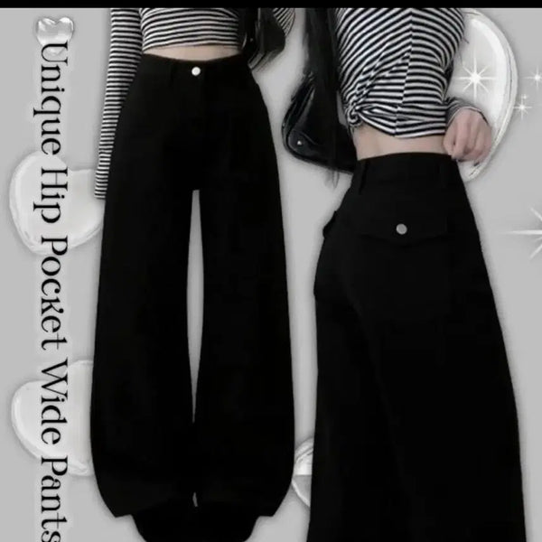 [BUNJANG] Black Cotton Wide Pants with Back Pocket Detail / 포켓>/유니크]블랙코튼뒷포켓포인트일자와이드팬츠