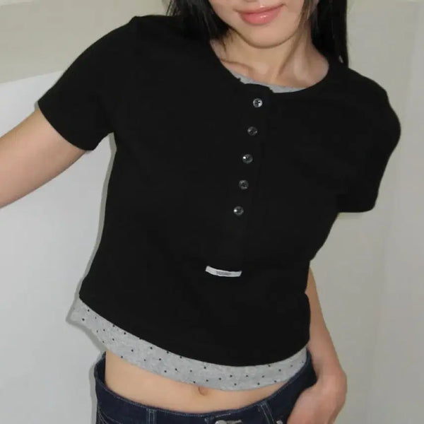 [BUNJANG] Ronron Button Layered Crop Short Sleeve T-Shirt Black / ronron 론론 버튼 레이어드 크롭 반팔 티셔츠 블랙